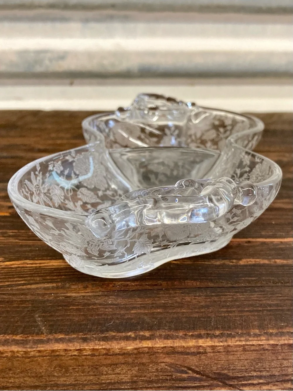 Clear Glass Wildflower Etched Glass Relish Dish Cottage Core 2 Section